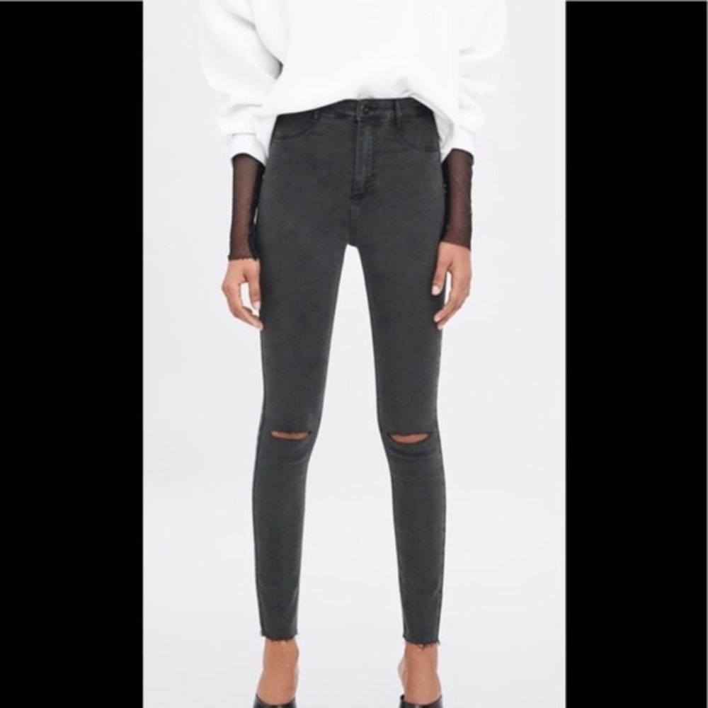 Zara Dark Grey High Waisted Skinny Jeans with Knee Cut